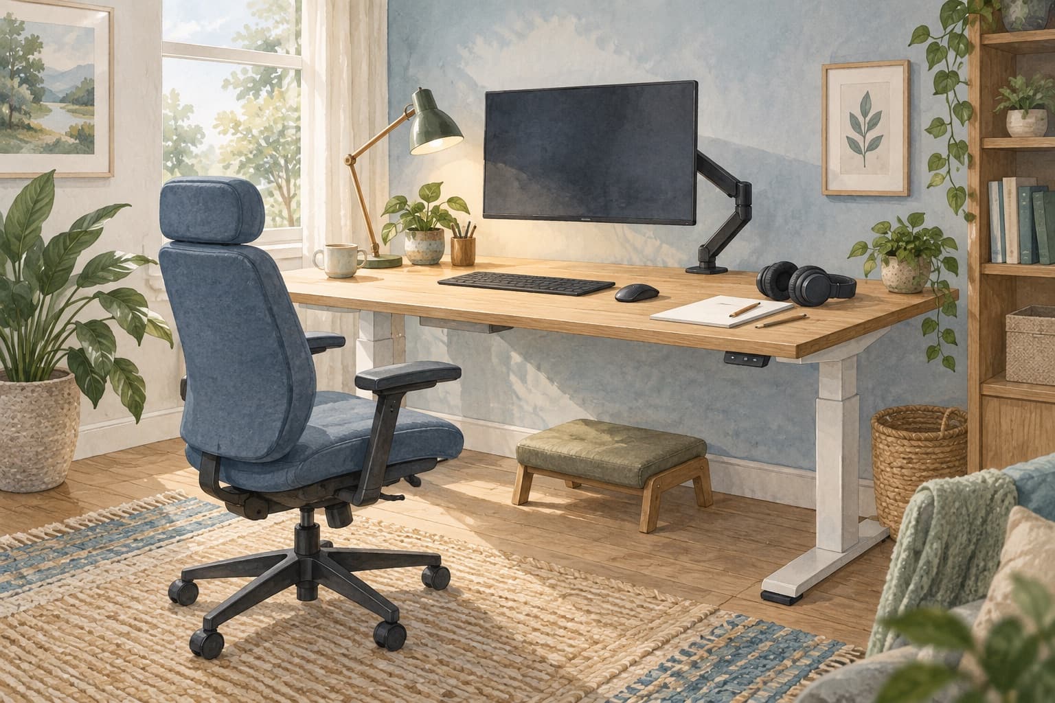 An adjustable desk and supportive chair with a monitor arm, task lamp, headphones and footrest illustrate practical workplace adjustments.