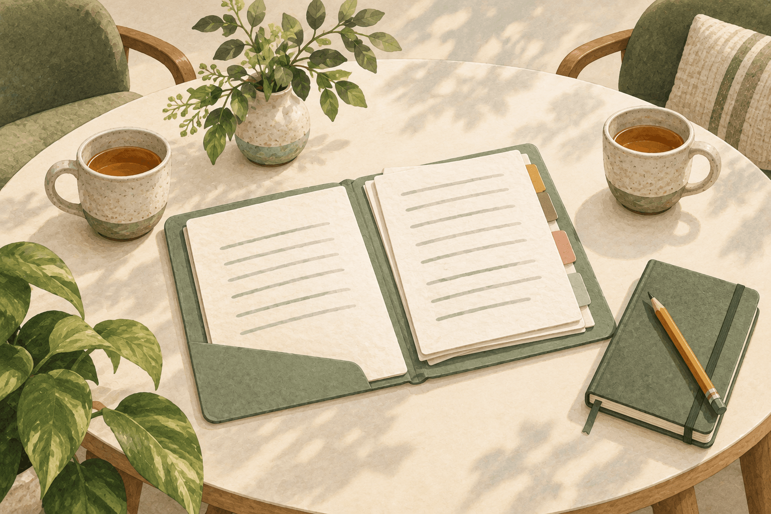 Notes prepared on a table with two chairs, ready for a conversation.