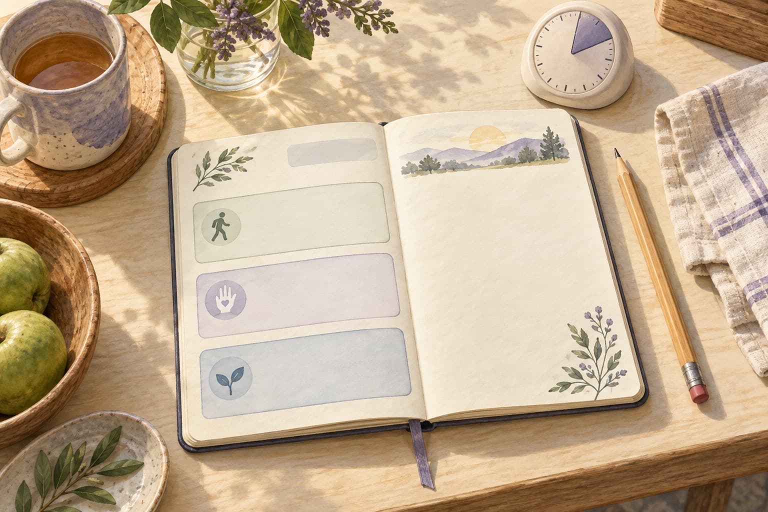 An open journal with separate coloured spaces beside a kitchen timer represents recording an activity, help needed and what happened afterwards.