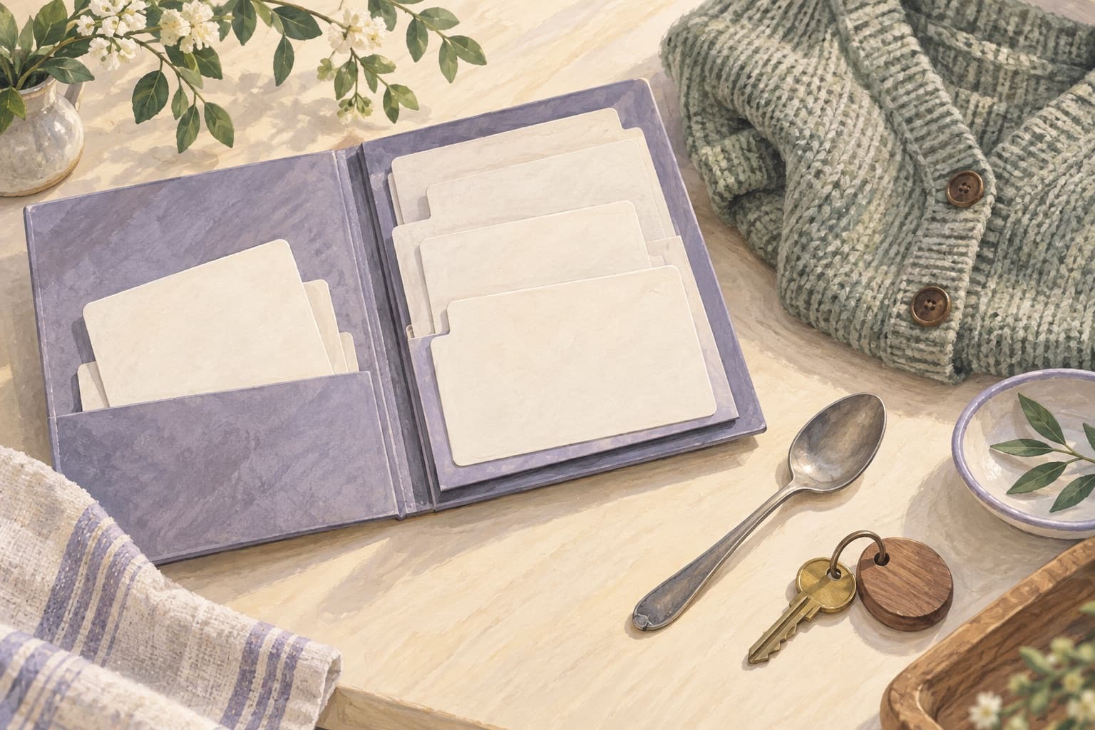 An open folder of activity cards beside a spoon, cardigan and key represents organising everyday activity evidence. It is not an official form or an award assessment.