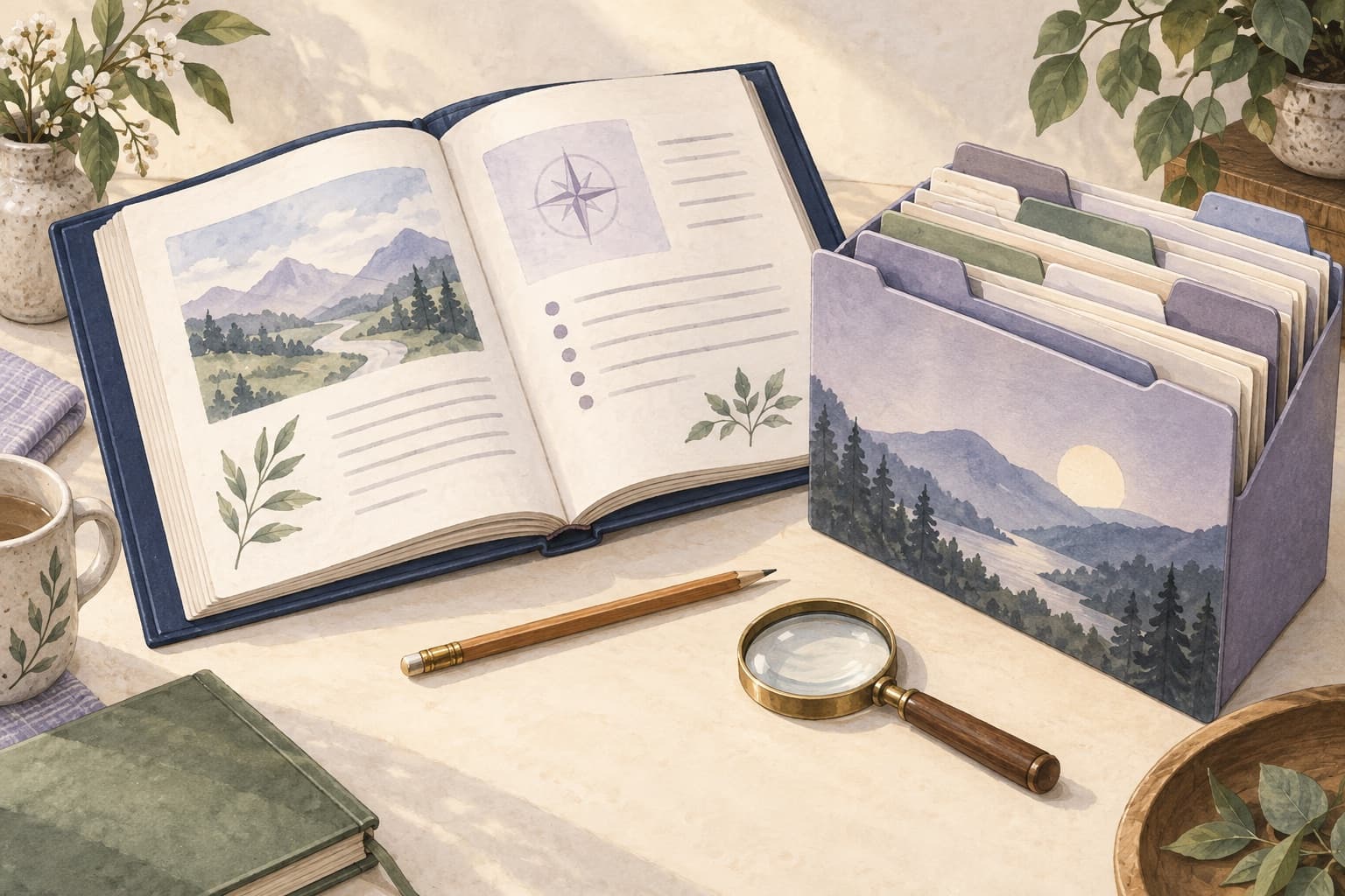 A blue reference book and separate document folder beside a magnifying glass represent reading guidance and keeping a history. They are not official documents.