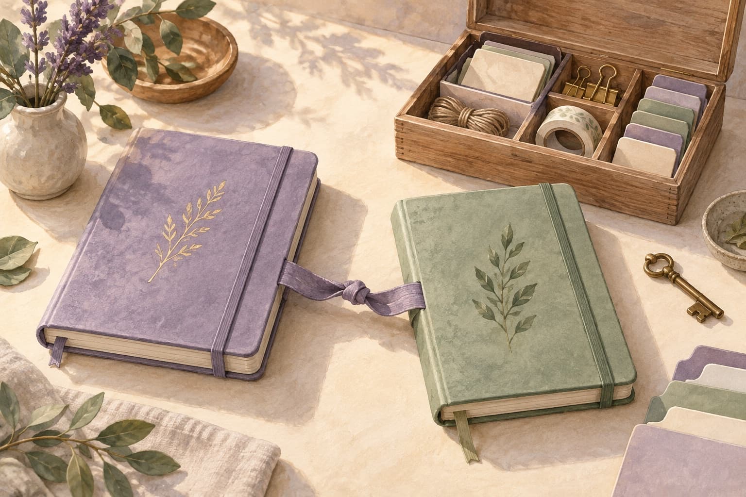 Two notebooks joined by a ribbon beside an organiser and key represent optional tools and chosen connections.