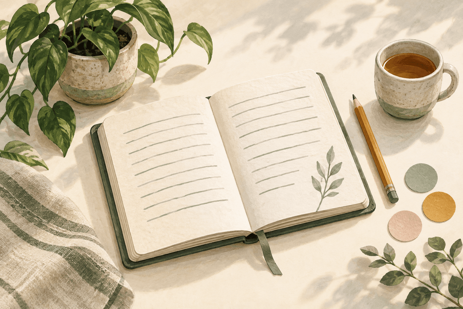 An open journal, pencil and coloured tokens on a quiet tabletop.