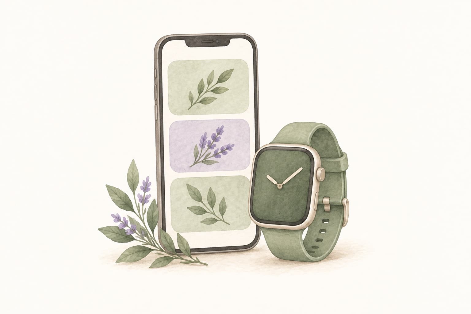 A softly painted phone and watch represent widgets and watch access. The leaf panels are conceptual, not screenshots of the app.