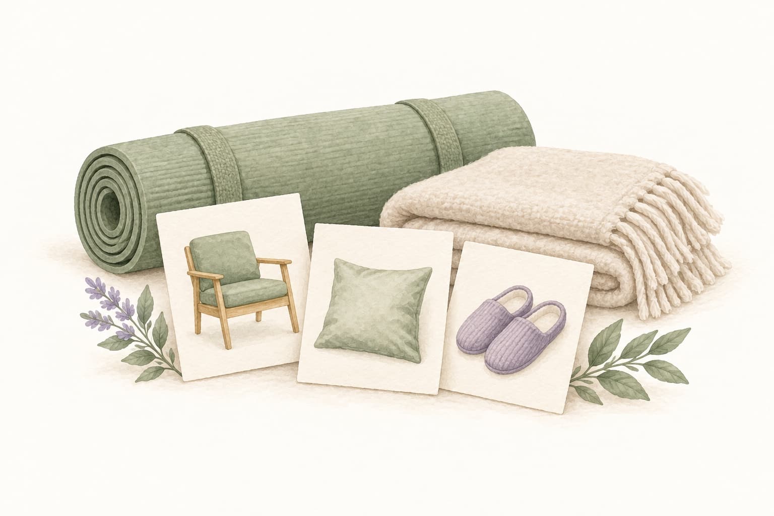 A rolled mat, folded blanket and illustrated cards showing a chair, cushion and slippers represent choosing and adapting a session, not movement instructions.