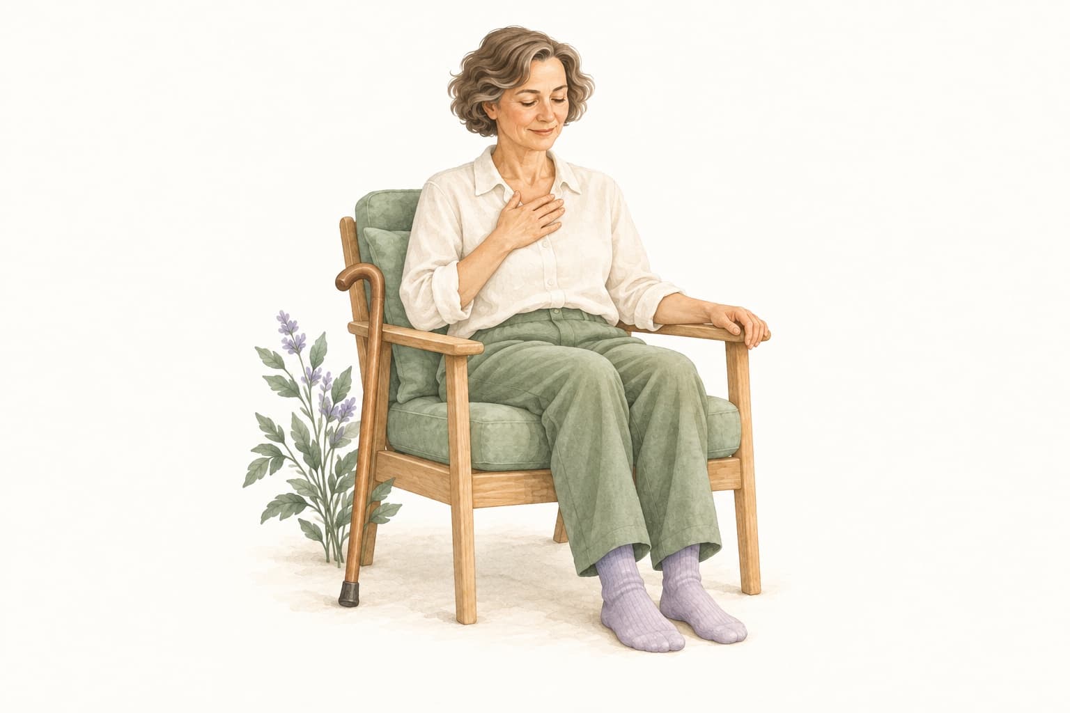 A seated person pauses with a hand resting on their chest and a walking stick beside the chair. The picture represents checking how today feels.