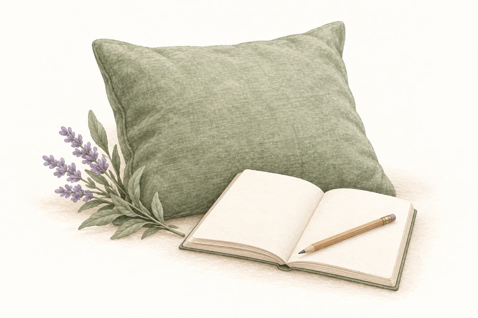 A resting cushion beside an open journal and pencil represents rest and reflection on recorded responses.