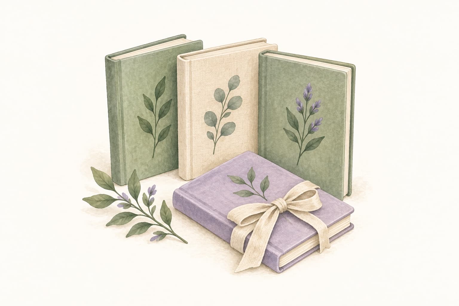 A small collection of sage, cream and lavender booklets with painted leaves represents optional additional collections.