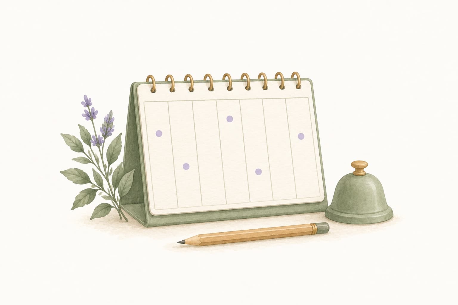 A simple weekly planner with a few coloured dots, a pencil and a small bell represents flexible plans and reminders.