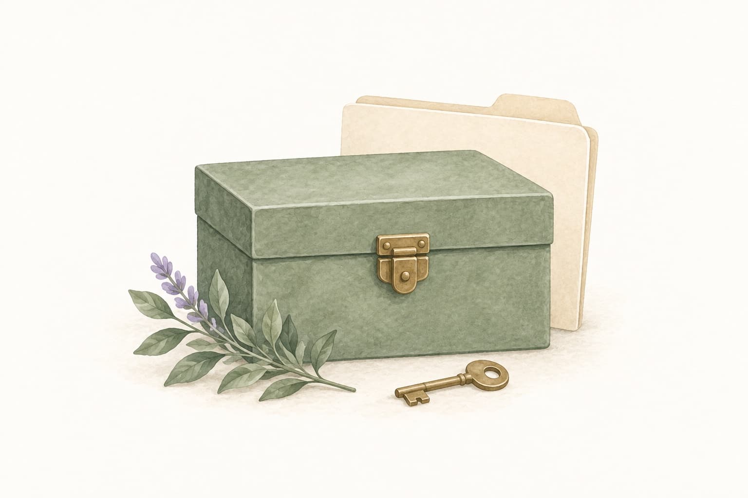 A closed document box, folder and key represent personal records and control over privacy.