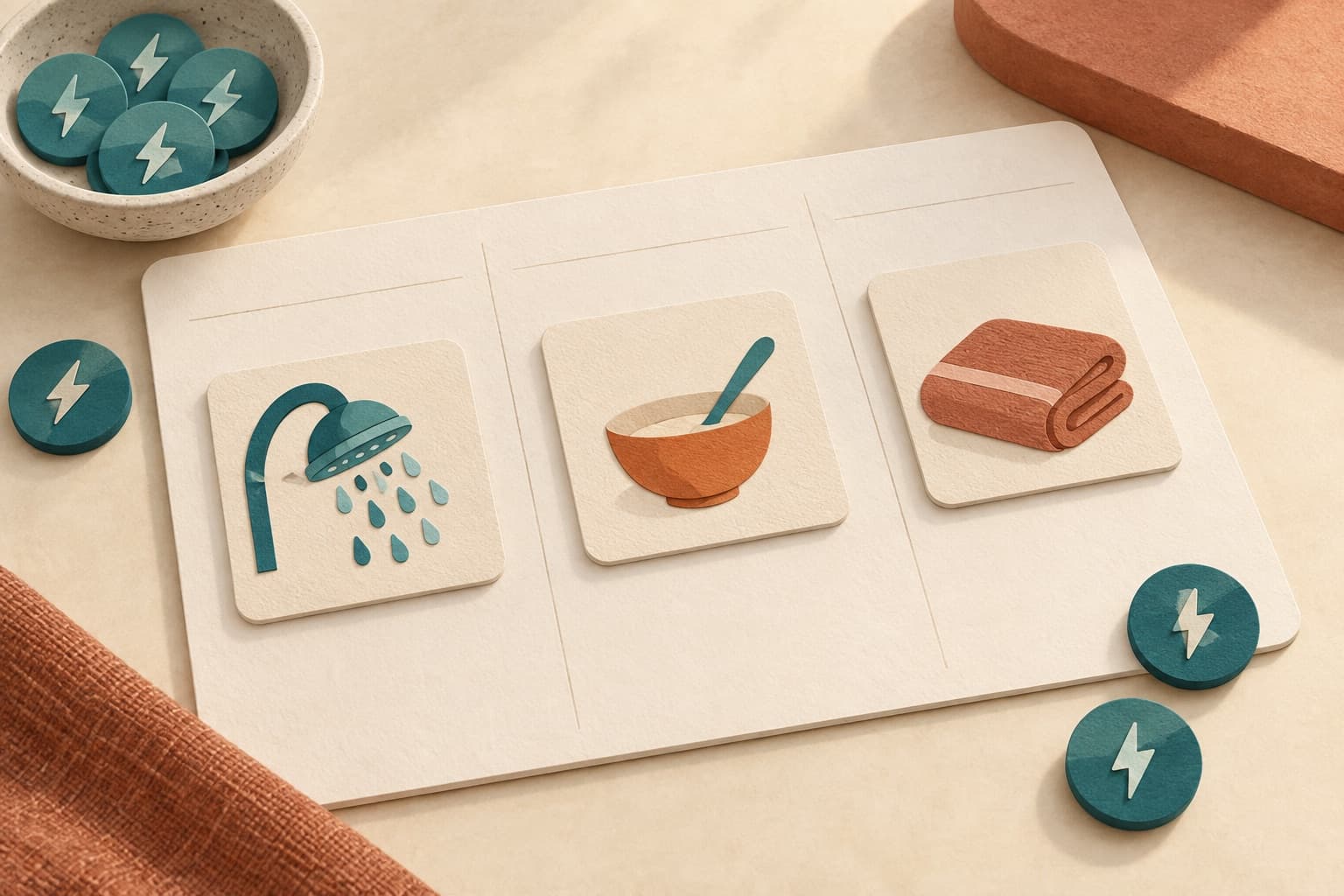Separate cards show showering, eating and a folded towel on a planner with spaces between activities. Tokens represent limited energy; these activities are examples, not a prescribed routine.