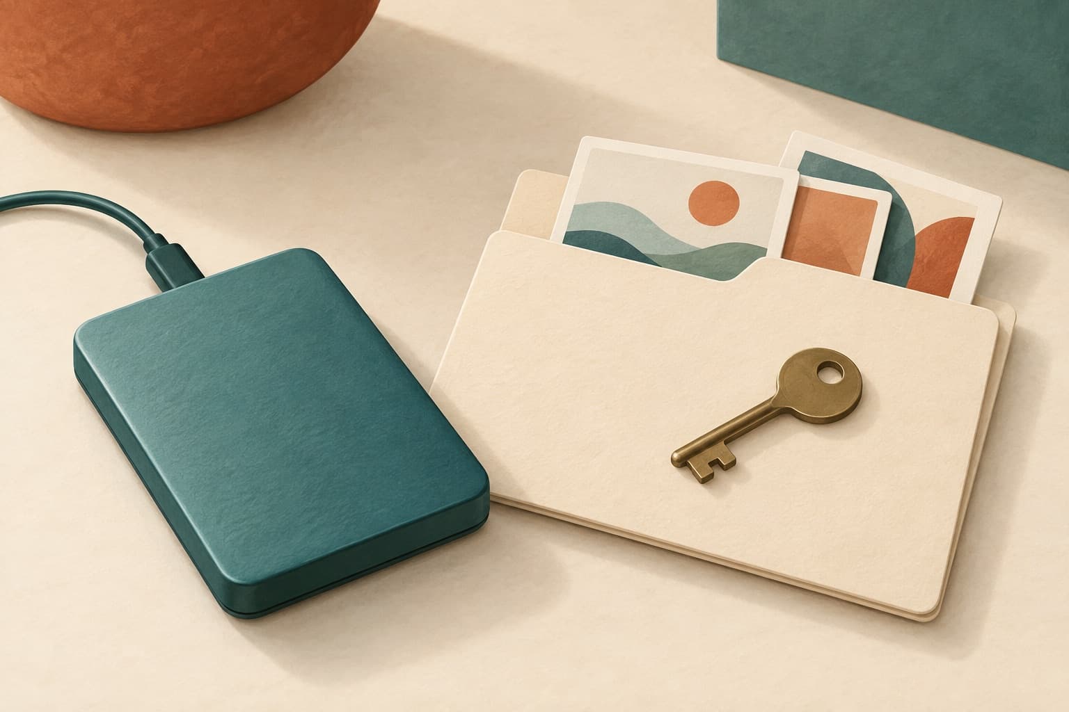 A storage drive sits beside a folder and a key, representing a private copy of your records. Creating a backup file does not confirm where you saved it.