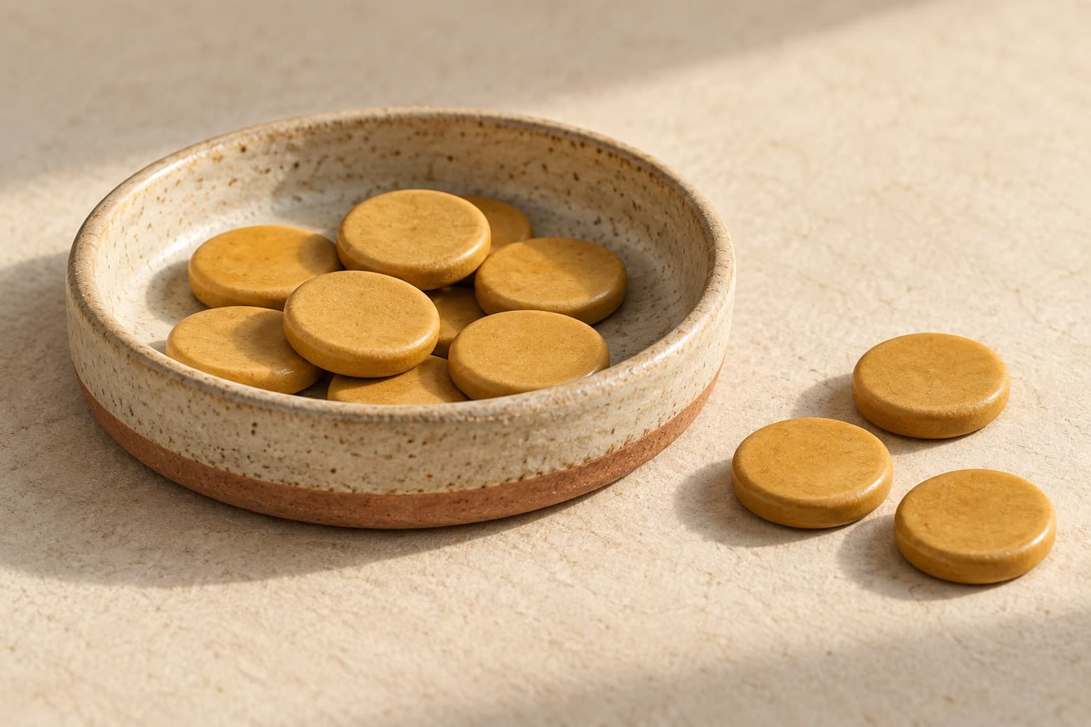 A finite supply of energy tokens in a shallow bowl, with some set aside.