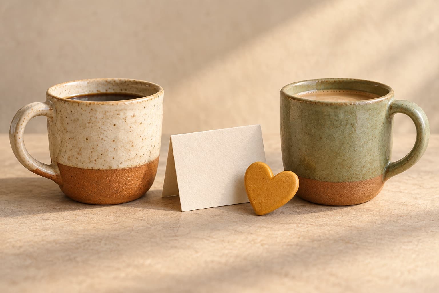 Two mugs facing each other with a message card and a heart between them.