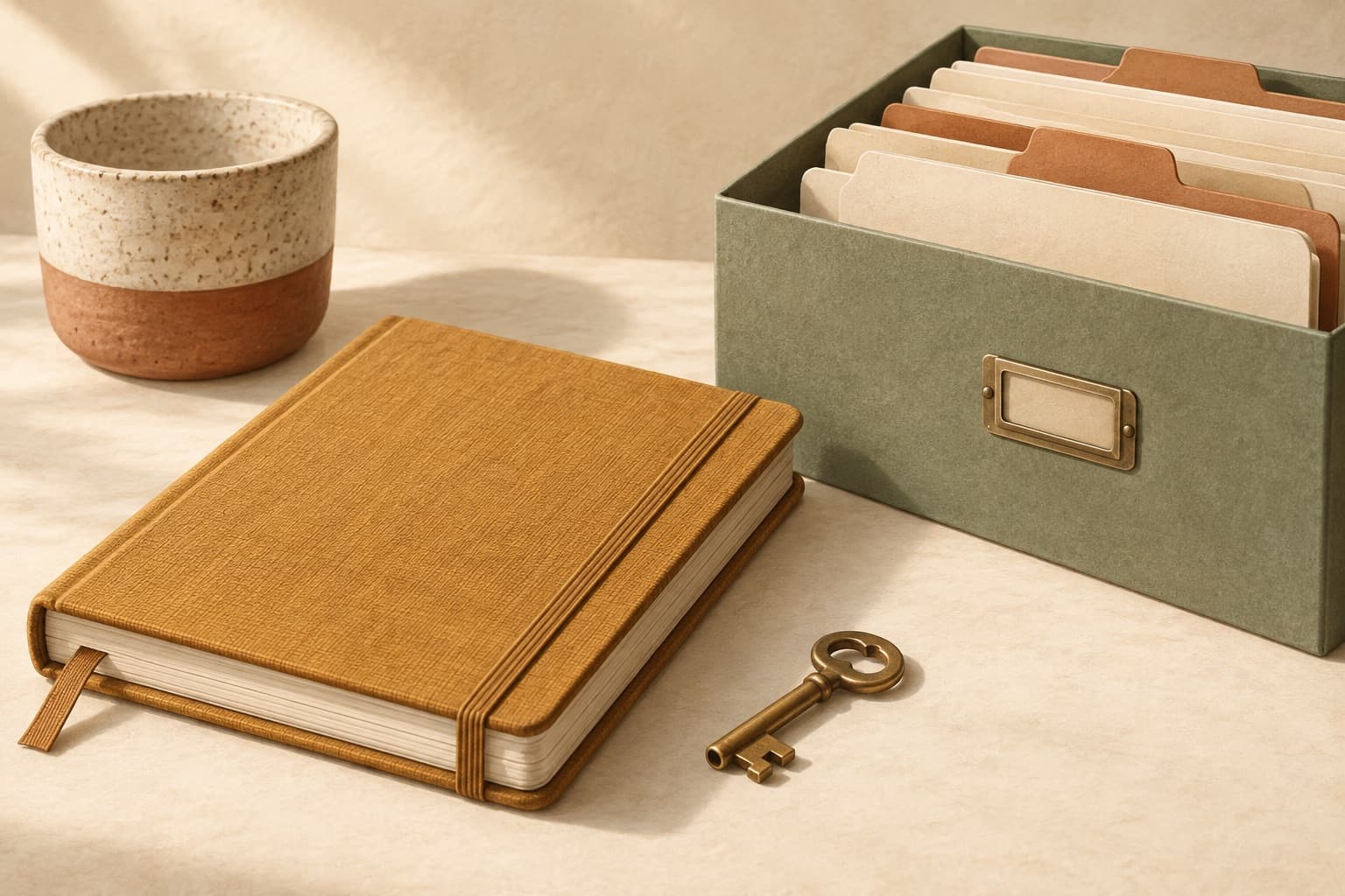 A closed journal, a key and a box of folders representing personal records and privacy.