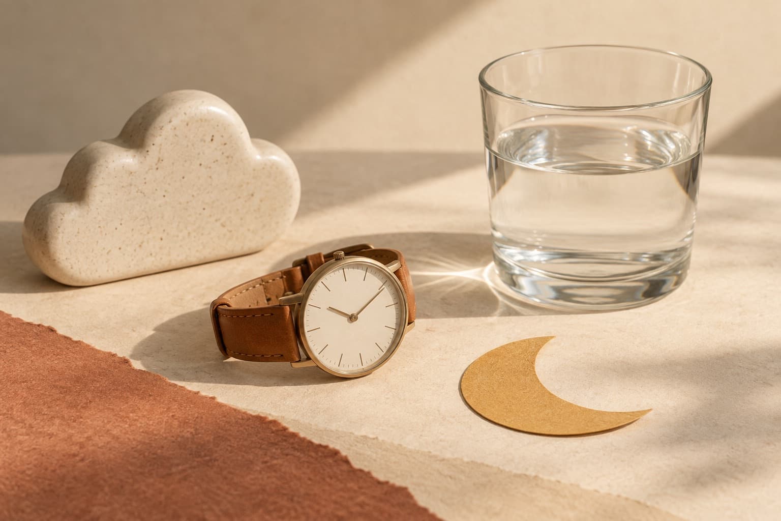 A watch, a cloud, a crescent moon and a glass of water representing optional health and daily context.