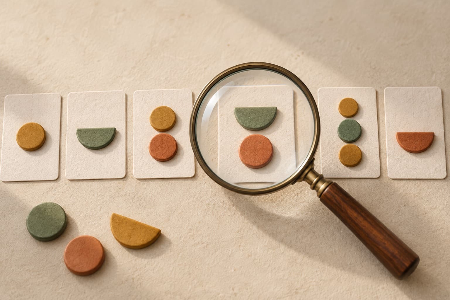A magnifying glass over a sequence of cards with different energy patterns.