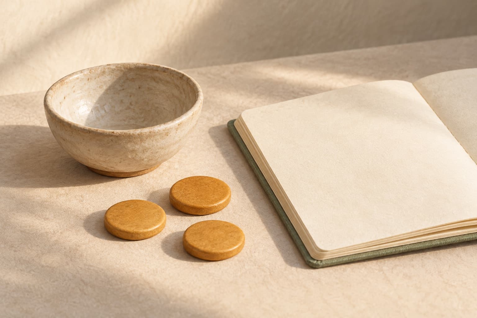 A blank journal beside three energy tokens and an empty bowl, ready for a first plan.