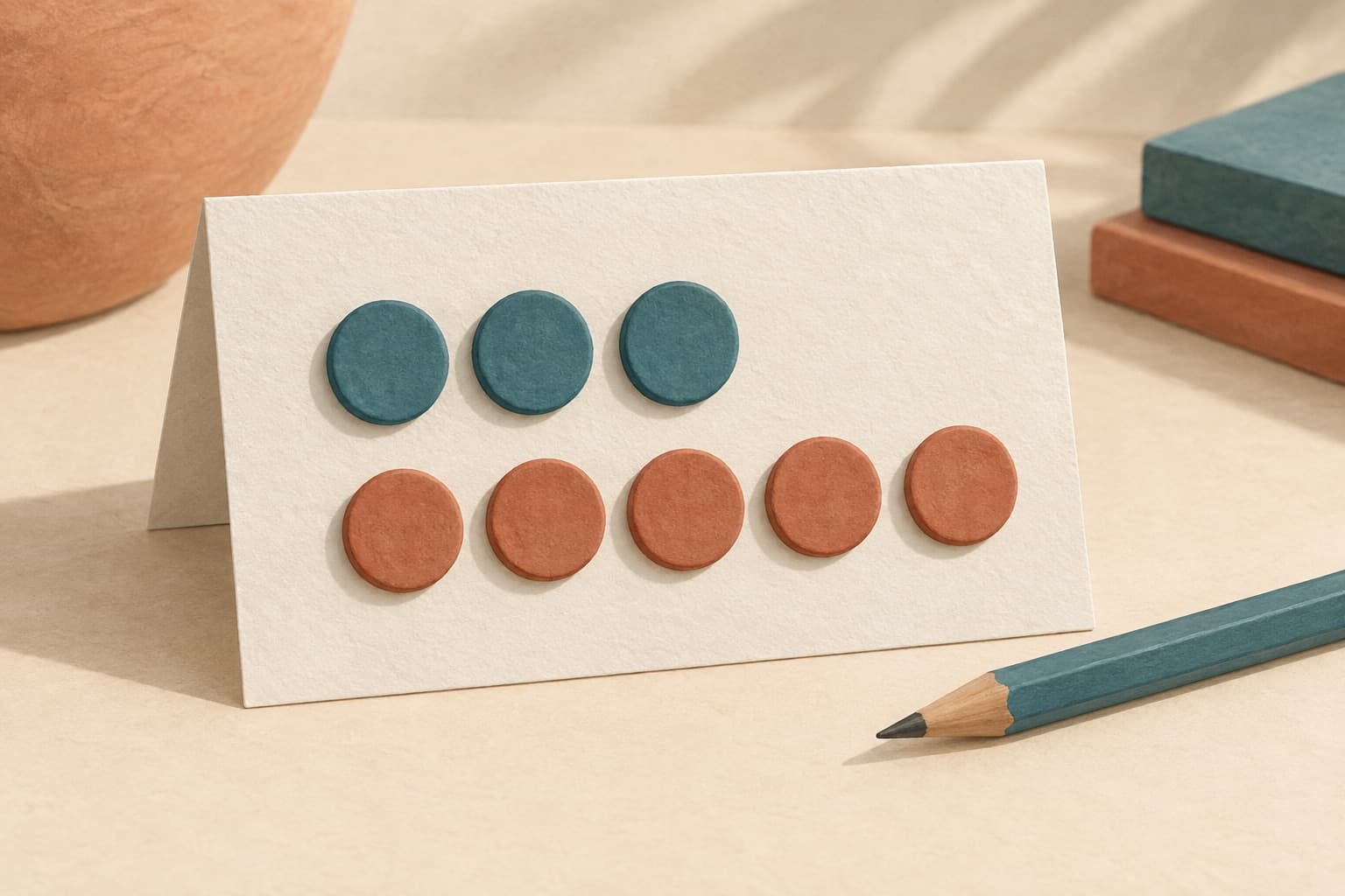 Three teal tokens in one row and five clay-coloured tokens in another illustrate an activity taking more energy than estimated. Your own costs may differ.