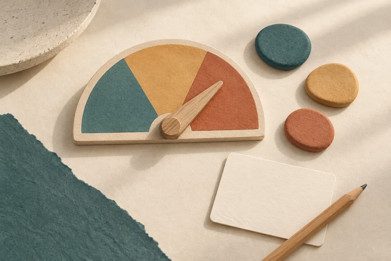 An unnumbered gauge and three coloured tokens beside a blank note card represent reflecting on your current energy. This is an illustration, not a medical measurement.