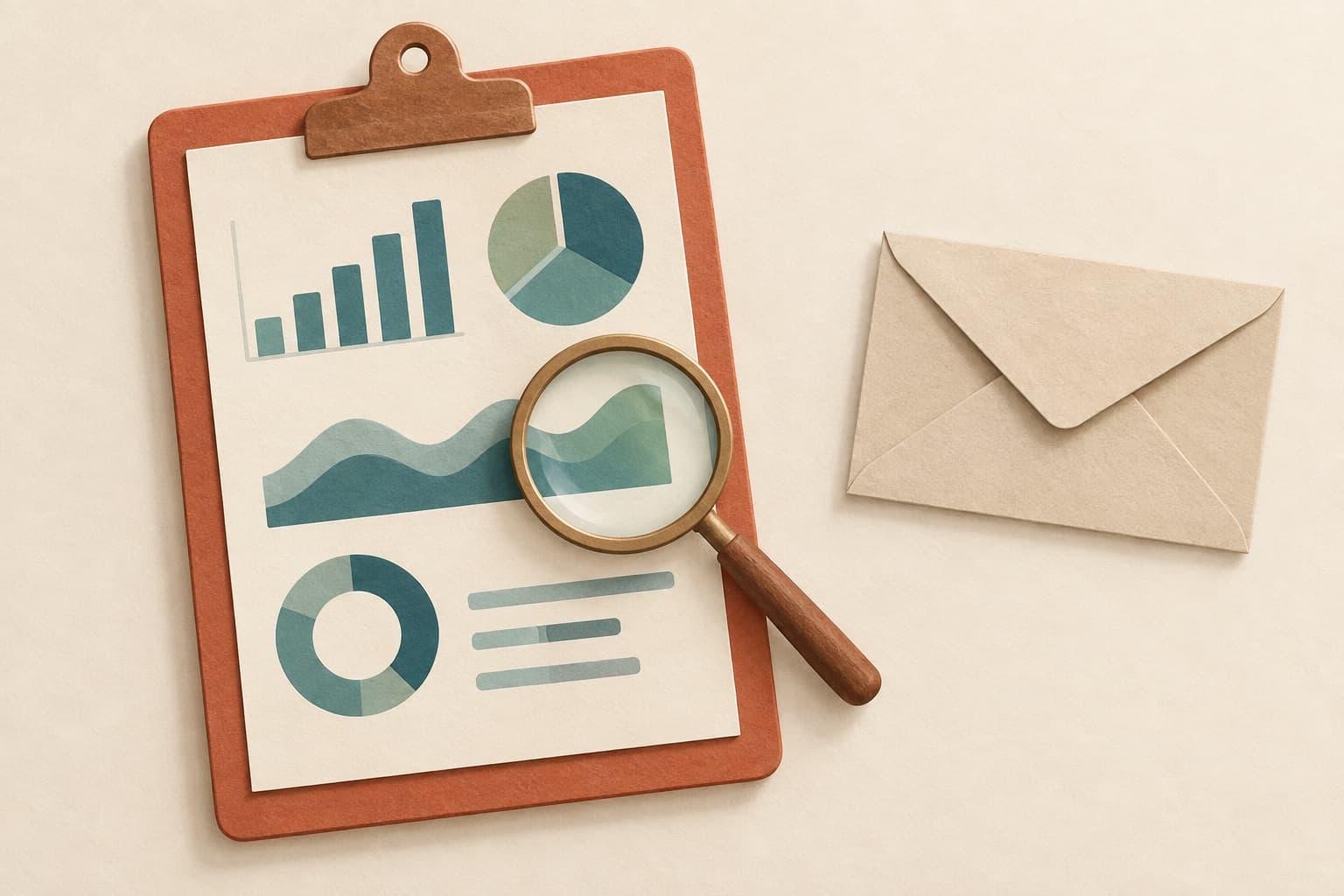 A magnifying glass rests over a report with abstract charts. An envelope sits separately: preparing a report and sharing it are separate choices.