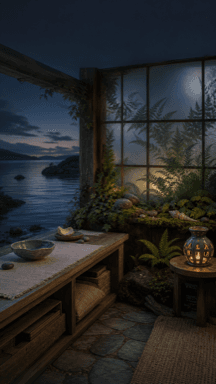 A cushioned window seat, plants and a warm lamp beside a view of the rocky coast.