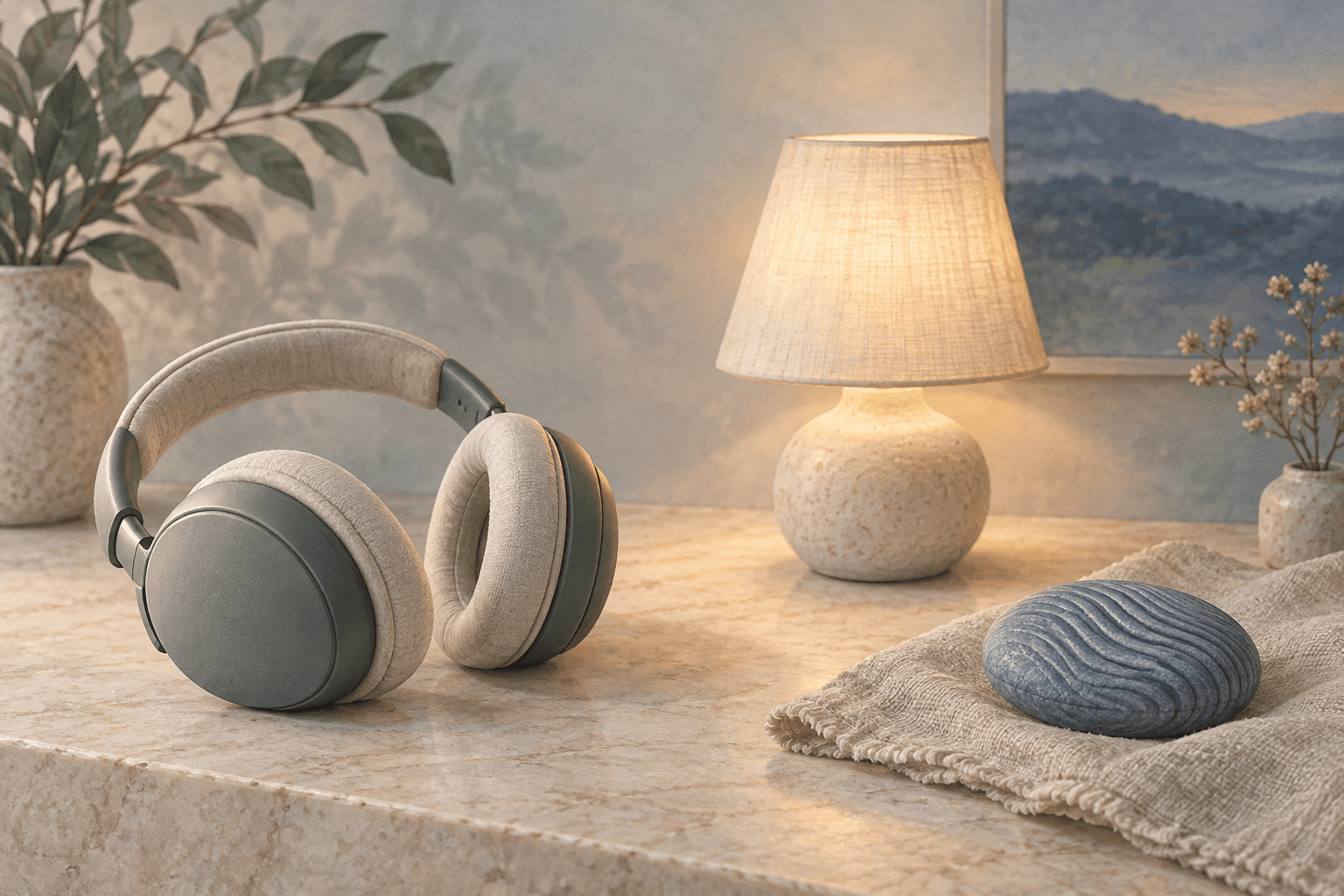 Padded headphones, a softly lit ceramic lamp and a textured blue pebble on linen represent optional sound, gentler visual input and touch.
