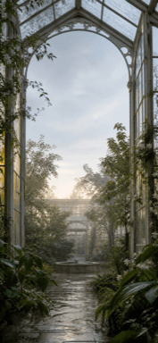 An arched glasshouse surrounds a central path with lush plants and pale morning light.