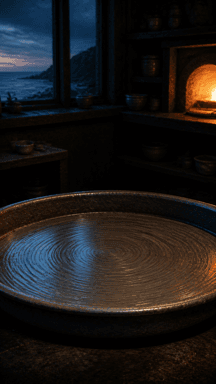 An empty circular pottery wheel in a dark workshop, with a glowing kiln behind it.