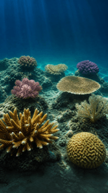 Colourful rounded coral colonies sit beneath shafts of sunlight in blue water.