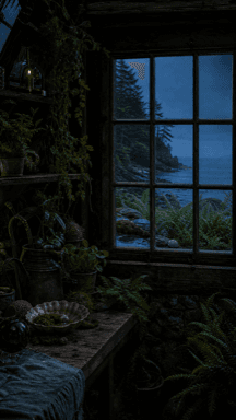 A plant-filled conservatory with a large window looking out into the blue night.
