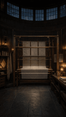 A square wooden loom in a dim studio, with high windows and warm lamps.