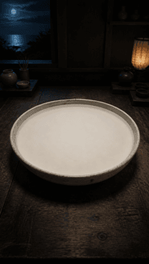 A round pale basin on a dark wooden desk, lit by a small warm lamp.