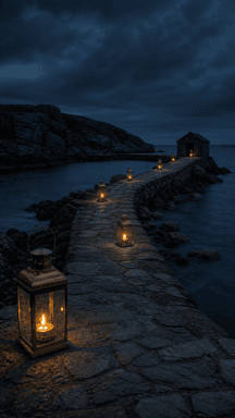 Warm lanterns mark a winding stone path beside a dark coastal cove.