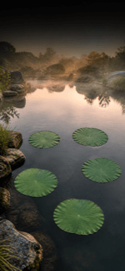 Round lily pads float on a still pond reflecting trees and the warm dawn sky.