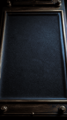 An empty dark rectangular tray sits in a wooden frame on an old desk.