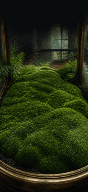 Bright green moss forms small rounded hills inside a glass dome in a dim room.