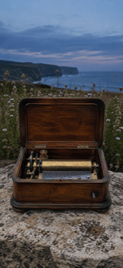 An open wooden music box with a metal cylinder rests on a stone ledge above coastal meadows.
