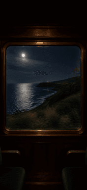A dark wooden train window frames the moonlit sea and a rocky coastline.