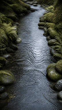 A narrow stream winds between mossy rocks and ferns.