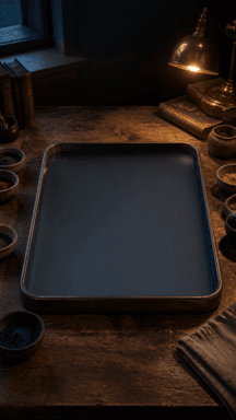 An empty shallow rectangular tray sits on a workbench beside brushes and a warm lamp.