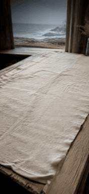 A pale linen cloth spread across a wooden table beside a window overlooking the rocky sea.