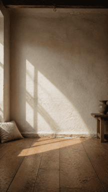 Angular sunlight crosses a pale studio wall and wooden floor beside a tall window.