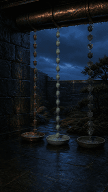 Rain chains hang from wooden eaves above shallow bowls in a dark, wet garden.
