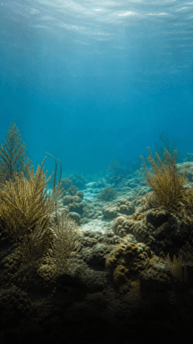 Sunlight filters through blue water above a rocky shelf with coral and sea plants.