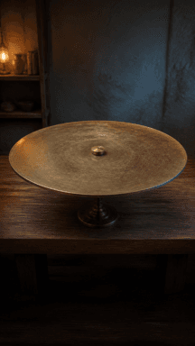 A shallow brass disc with a small central knob rests on a wooden table in warm lamplight.