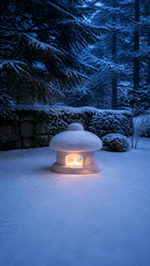 A small glowing lantern stands in deep snow among dark evergreen trees.