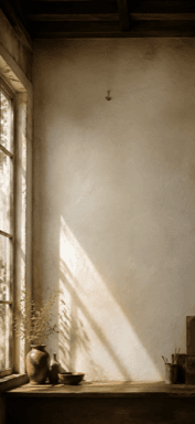 A tall studio window casts warm diagonal sunlight across a pale wall.