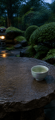 A pale ceramic cup rests on a low surface among mossy rocks and rounded garden shrubs.
