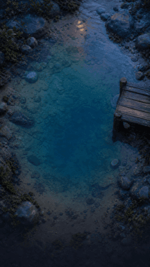 A blue tidal pool surrounded by dark rocks, with a small wooden platform beside the water.